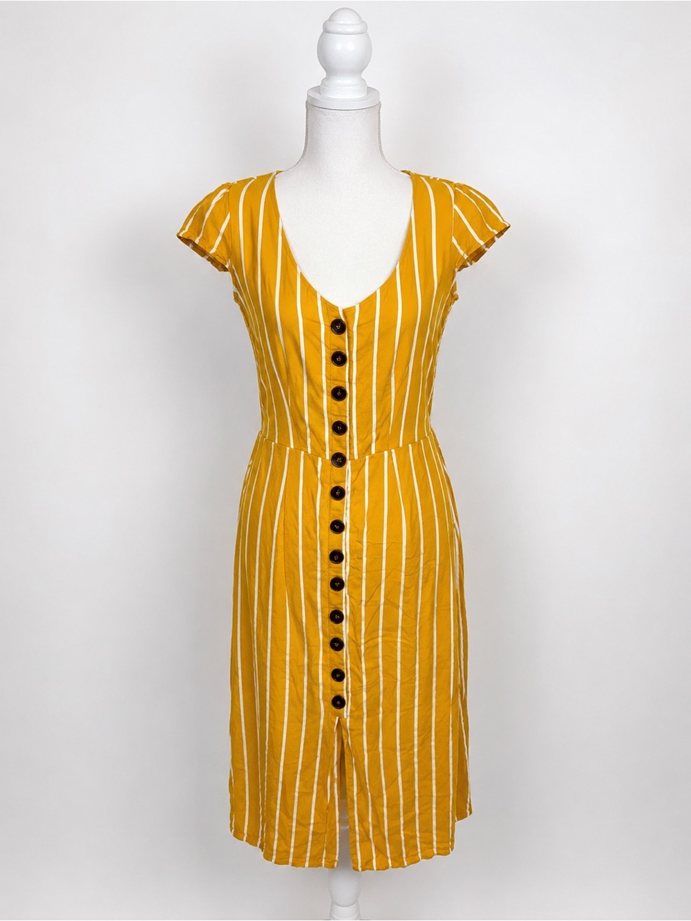 TRXXI Womenโs Large Mustard Yellow White Stripe Button Front Midi Dress Tie Back